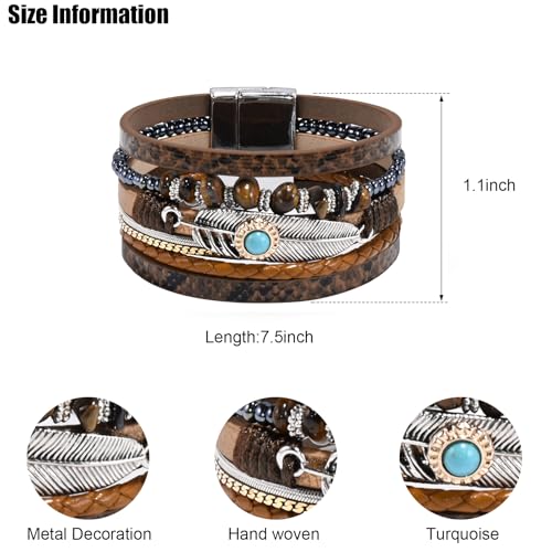 VIBILIA Boho Leather Wrap Bracelets for Women Men Multi-Layer Bracelets with Strong Clasp Western Jewelry - color: 09-Gravel Feather-Coffee