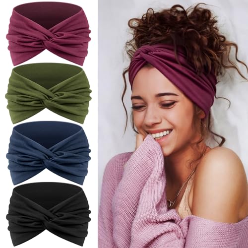 Wide Headbands for Women's Hair, 4 Pcs Hair bands – Vintage Turban Elastic Head Bands Adult Women Soft Head Wraps Knotted for Yoga & Workout – Summer Fashion Hair Accessories(Purple) - color: Purple