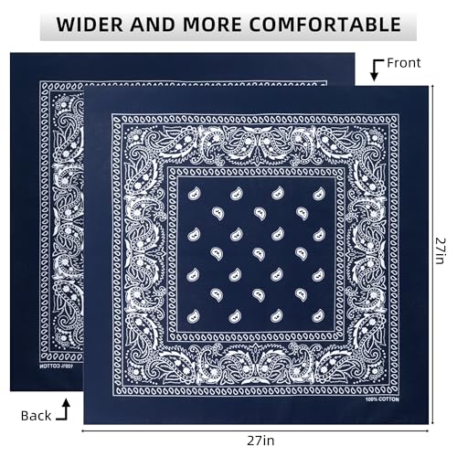 Extra Large Bandana 27” x 27”,100% Cotton bandana for Men and Women，Multi-Purpose Scarf Headbands ，Head Scarfs - color: Black/Navy Blue