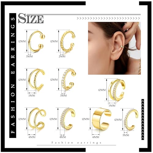 IRONBOX 9Pcs Ear Cuff Earrings for Women 14K Silver/Gold Ear Cuff Non Piercing Cartilage Clip Cuff Earrings Fake Earrings - color: 9Pcs Gold Tone CZ