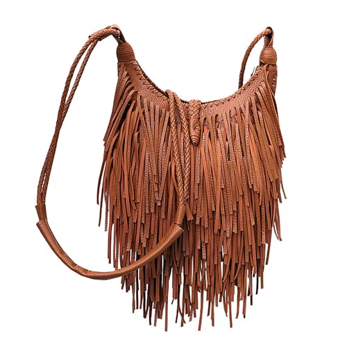 Tassel Shoulder Bag Vintage & Stylish Women PU Leather Bohemian Fringed Crossbody Shoulder Hobo Fringe bag - color: Brown-9x7.87in