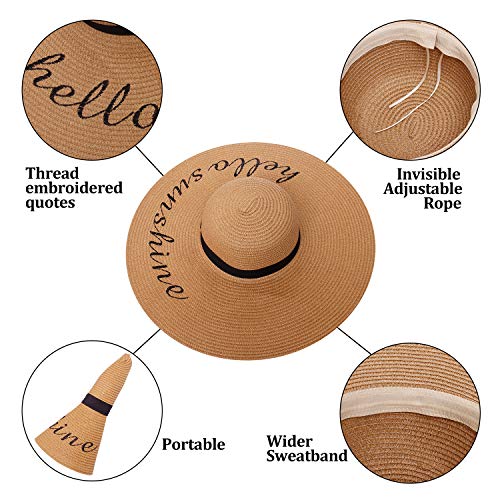 Double Couple Womens Straw Hat Wide Brim Floppy Beach Sun Hat for Women UPF 50+ Adjustable Strap Vacation - color: Hello Sunshine&khaki
