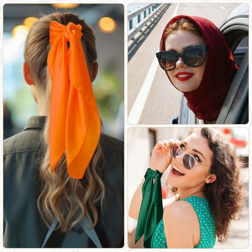 JATEBI 27''/35'' Women Large Satin Scarf Silk Feel Square Wraps Big Hair Bandanas Vintage Print Solid Color Bandana Scarves - color: Black, Red, Yellow, Green, Blue, Orange Solid, size: 27'' Medium