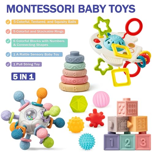 Baby Toys 6 to 12 Months, 5 In 1 Montessori Toys for 1 Year Old, Incl Travel Pull String Toy & Rattle Teether & Stacking Baby Block & Soft Infant Ring & Sensory Ball for Toddler 0-3-6-9-12 Month