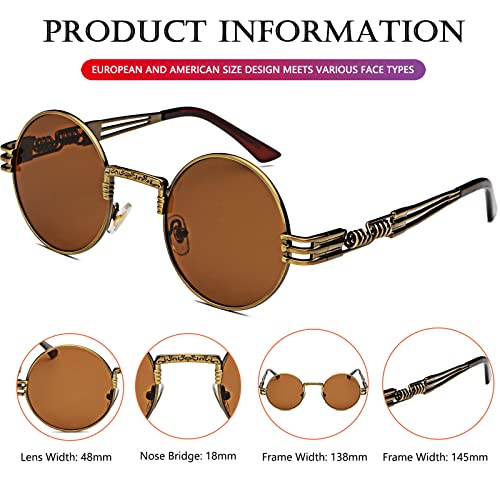 AIEYEZO Round Steampunk Sunglasses for Men Women Retro Circle Hippie Glasses Metal Frame 100% UV Blocking Lens - color: Bronze/Brown