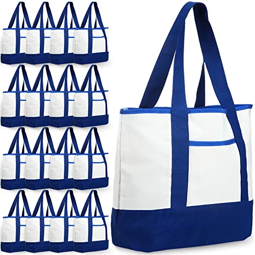 Reginary 16 Pcs Canvas Tote Bags Bulk with Outer Pocket 18 Inch Reusable Shopping Grocery Blank Tote Bag for Women Mother DIY (Blue White) - color: Blue White