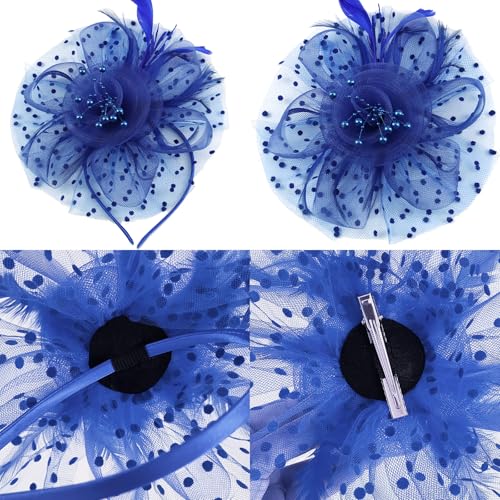 Fascinators Hat Pearl Earrings Necklace Bracelets Gloves 1920s Headband Hair Clips Women Flower Mesh Feather Headpiece Headwear Halloween Carnival Cocktail Wedding Tea Party Accessories Blue - color: Blue