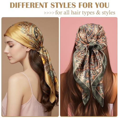JATEBI 27''/35'' Women Large Satin Scarf Silk Feel Square Wraps Big Hair Bandanas Vintage Print Solid Color Bandana Scarves - color: Coffee Brown, Army Green, Camel, Black, White, Pink Mixed Classic, size: 35'' Large