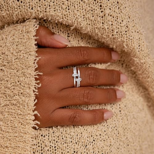 FISSEN JEWELRY Gold Rings for Women, Non Tarnish Dainty 14k Gold Plated Silver CZ Cross Ring Cute Cubic Zirconia Pinky Thumb Stackable Band Silver Finger Rings Size 6-10 Jewelry for Her - color: Silver Diamond Circle