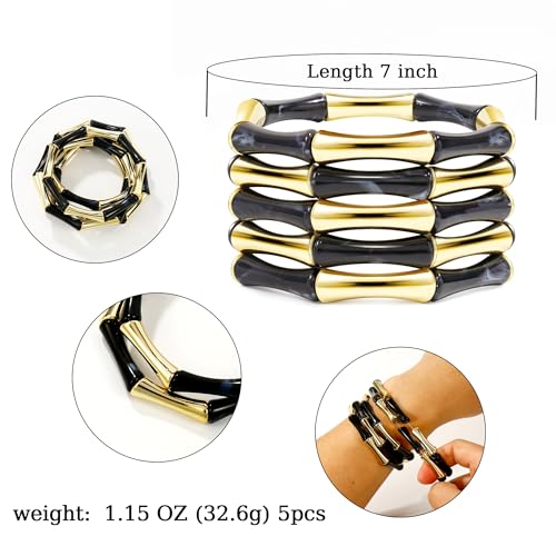 Gold Tube Bangle Bracelets for Women Stackable Bamboo Chunky Acrylic Beads Stretch Friendship Summer Beach Bracelet Jewelry - color: Black