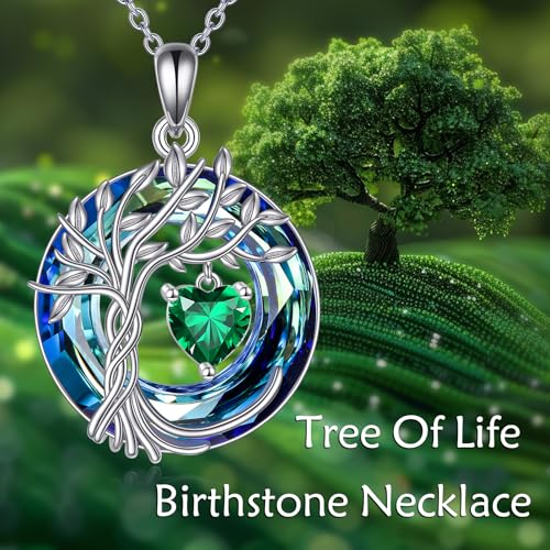 POPLYKE Mothers Day Gifts for Mom Her Wife Tree of Life Necklace 925 Sterling Silver Birthstone Pendant with Crystal Anniversary Birthday Wedding Jewelry for Women - color: 05-May-Emerald, style: White Gold Plated-Blue Crystal