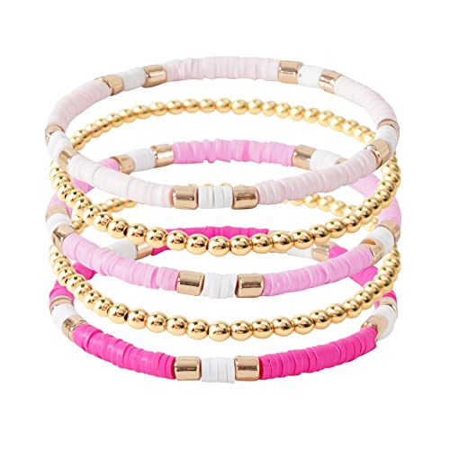 GOOJIDS Surfer Heishi Clay Bead Bracelets for Women Bohemian Stackable Gold Plated Beaded Stretch Bracelets Elastic Layering Friendship Bracelets Set Boho Jewelry - color: C-New Rose Color Sets
