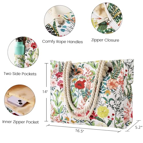 Clothirily Beach Bag for Women - Large Beach Tote Bag, Waterproof Sandproof Beach Bag with Zipper, Large Swim Pool Beach Tote - color: Flowers