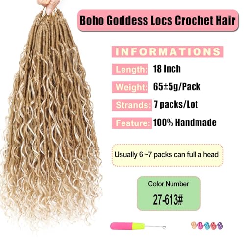 Goddess Locs Crochet Hair 7 Packs Bohemian Faux Locs Pre-Looped Braids, Boho Goddess Soft Locs Crochet Hair with Curly Ends Hair Extensions for Women (27/613, 18 Inch) - color: 27/613, size: 18 Inch