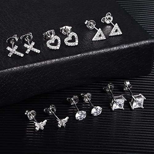 BOUTIQUELOVIN 14K Gold Stud Earrings Set for Women, for Multiple Piercing Silver Plated Studs Earrings and Zirconia Earring Set Small Huggie Hoop Chain Earing - color: 10Pairs Silver Studs