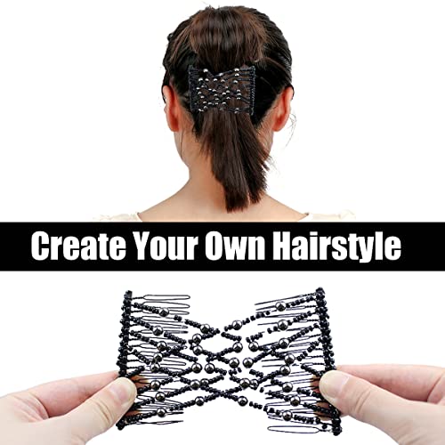 4 Pieces Elastic Beaded Magic Hair Comb Stretchy Double Comb Hair Fork Clips No Crease Hairpins Combs for Women Girls Vintage Hairstyle Multipurpose Hair Accessories, 4 Color (Beads Style) - color: Brown, black, blue, white