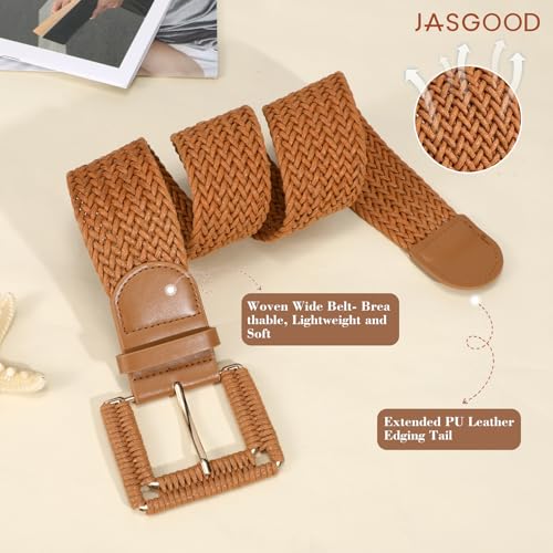 JASGOOD Women Wide Woven Belt for Dresses Rattan Waist Belt Braided Boho Belt with Square Buckle - color: Brown, size: Fit Waist Size 28-32inch