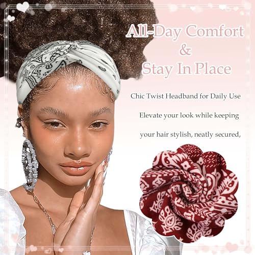 Boho Bandana Headband For Women Floral Wide Headbands Paisley Criss Cross Turban Head Wraps Non Slip Hair Scarf Head Bands Striped Cute Hairband Fashion Hair Accessories For Girls Teens 4 Pack - color: Style 139
