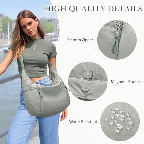 VASCHY Crossbody Crescent Bag for Women, Casual Lightweight Nylon Large Slouchy Hobo Bags Purses for Travel/Gym/Work/College - color: Light Green