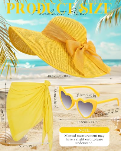 3 Pcs Summer Beach Set for Women Wide Brim Straw Sun Hat, Swimsuit Coverup Sarong, Heart Sunglasses - color: Yellow