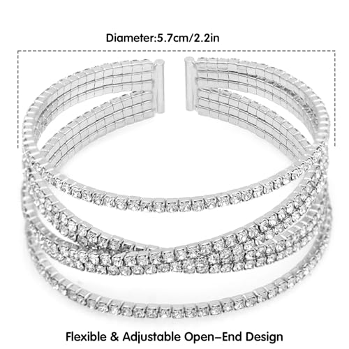 Women's Multi-Layer Rhinestone Cuff Bracelet Sparkling Crystal Tennis Bangle for Bridal Wedding Party - color: 1203 Silver