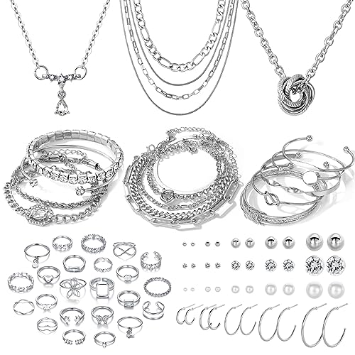 IFKM 36 PCS Silver Plated Jewelry Set with 3 PCS Necklace, 12 PCS Bracelet, 7 PCS Ear Cuffs Earring, 14 Pcs Knuckle Rings for Women Valentine Anniversary Birthday Friendship Gift - color: 41pcs Fashion Silver