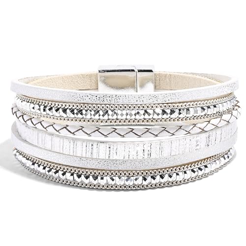 VIBILIA Boho Leather Wrap Bracelets for Women Multi-Layer Bracelets with Strong Clasp Jewelry for Women - color: 03-BohoBraid-White