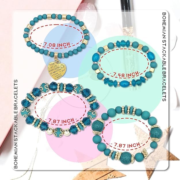 Nyx&lvy Pink Crystal Beaded Stretch Bracelet Set with Gold Heart Charm, Multi-Strand Fashion Jewelry for Women - style: blue