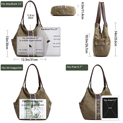 Worldlyda Women Canvas Hobo Purse Multi Pocket Tote Shopper Shoulder Bag Casual Top Handle handbag with Embroidery Ethnic - color: Light Grey