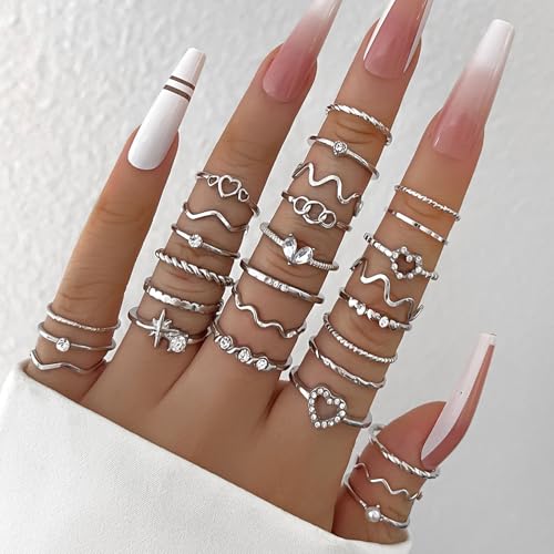 Gold Rings for Women Non Tarnish Stackable Rhinestone Moon Star Rings Dainty Stacking Pearl Butterfly Midi Pinky Thumb Joint Finger Knuckle Ring Set Gold Non Tarnish Jewelry Gifts Trendy Stuff - color: D Silver Stackable Rings 28Pcs