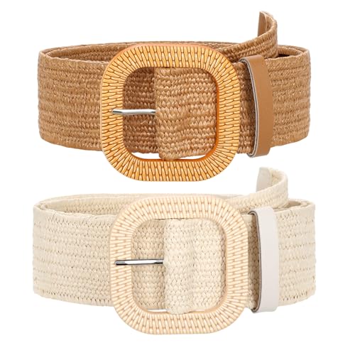 SUOSDEY 2 Pack Straw Woven Elastic Belt Braided Stretch Wide Boho Rattan Waist Belt for Women Dresses - color: 06-brown+beige(square Buckle), size: Fit Waist up to 35''