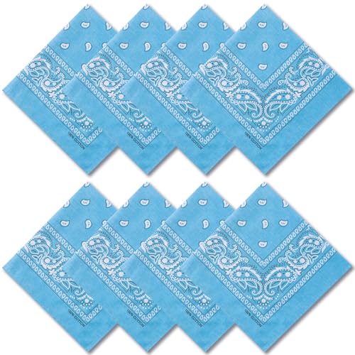 Raylarnia 8 PCS 100% Cotton Bandanas, 22 Inchs Multi-Purpose Bandana Scarfs Headbands for Men and Women - color: 8-light Blue