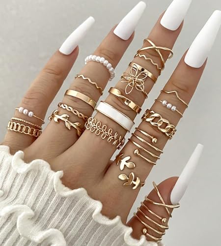 YEEZII 25 Pcs Gold Knuckle Rings Set for Women, Cute Stackable Finger Midi Rings, Dainty Gold Chunky Stacking Statement Womens ring pack - color: Gold-21 Pcs