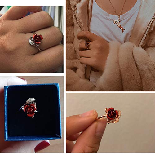 U7 Rose Flower Ring, Stackable Band Ring for Women Girls, Platinum Silver/Gold/Rose Gold Red Signet Rings Adjustable Fit Size 5 to 10 - color: Red Rose-Platinum