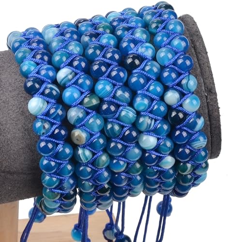 MASSIVE BEADS Double Layer Natural Chakra Healing Power Crystals Macrame Bracelet Yoga Stone Beads Gemstone Meditation Relax Anxiety Bangle for Unisex Women Men - color: Blue Stripe Agate, size: 6mm