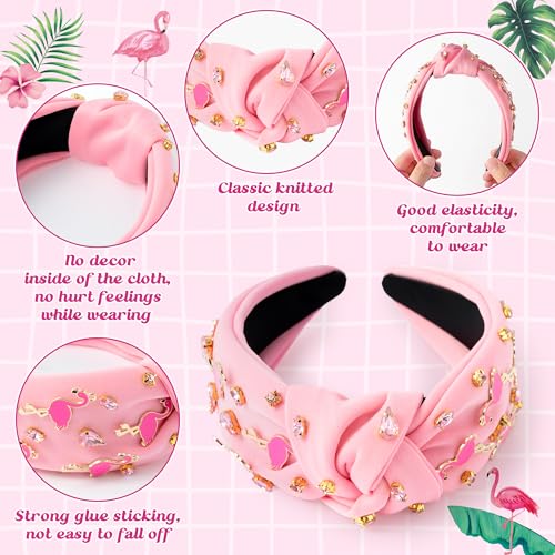 PANTIDE Flamingo Jeweled Knotted Headband - Summer Flamingo Rhinestone Embellished Headband Non Slip Wide Top Knot Hairband Hair Accessories Hawaii Beach Pool Party Birthday Gift for Women Girl (Pink) - color: Pink Flamingo