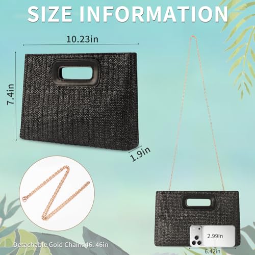 Beach Clutch Bag Straw Summer Clutch Purses for Women Handmade Woven Purse Detachable Gold Chain, Crossbody - color: Black