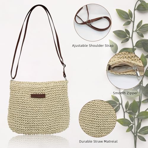 Straw Bag for Women Small Summer Beach Crossbody Bag Boho Handmade Weave Shoulder Handbags Purse for Vacation Travel - color: Beige