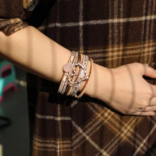 Womens Multi Layer Heart Leather Wrap Bracelet Boho Stackable Cuff Bangle Magnetic Clasp Crystal Birthday Valentine Gift - color: Rose-gold