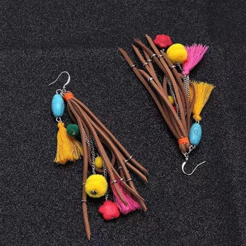 Long Bohemian Fringe Leather Earrrings Handmade Tassel Earrings with Turquoise Christmas Long Dangle Earrings for Women rodeo jewelry - color: 6