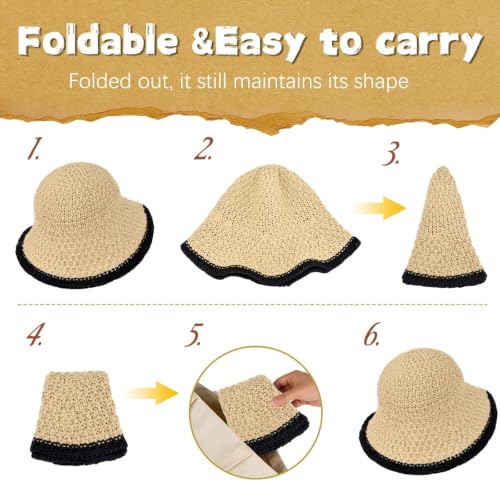 Sun Hat for Women Beach Hat Straw Bucket Hat Summer UV Protection, Packable Breathable Crochet Style - color: 1pack-beige-black-brim