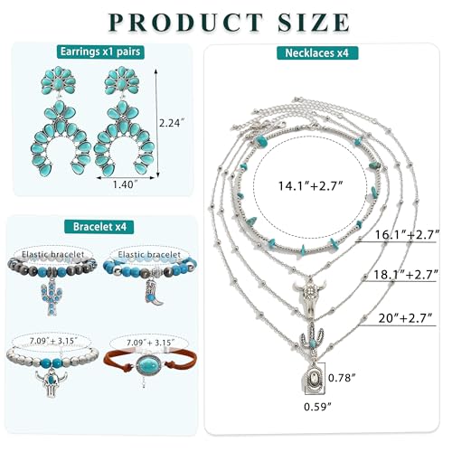 Turquoise Western Jewelry Set for Women, Boho Cowgirl Earrings Bracelet Stack and Layered Necklace, Silver Tone, Multiple Styles - style: Cactus & Bullhead