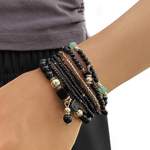 IFKM 8PCS Beaded Bracelets for Women, Multilayered Stackable Strand Stretch Bead Bracelet Pack Handmade Trendy Bohemian Charm Jewelry - color: Black