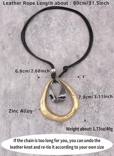 Kelake Leather Necklace for Women Men Teen Vinatge Boho Alloy Pendant Choker Jewelry Fashion Sweater Necklaces with Adjustable Genuine Leather Chain - color: Black Gold 2 Circles Pendant
