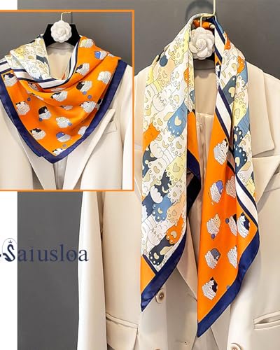 Saiusloa Neck Scarf For Womens Silky Head Scarves Hair Bandanas Square Scarf Fashion Accessories lightweight - color: 10-cartoon Cat Orange