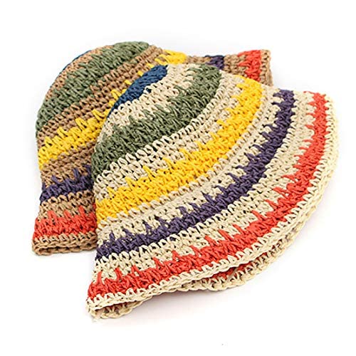 Women Straw Sun Hat Floral Woven Crochet Bucket Hat Y2k Aesthetic Accessories Beach Hat Hand Woven Boho Foldable Cap - color: Striped C