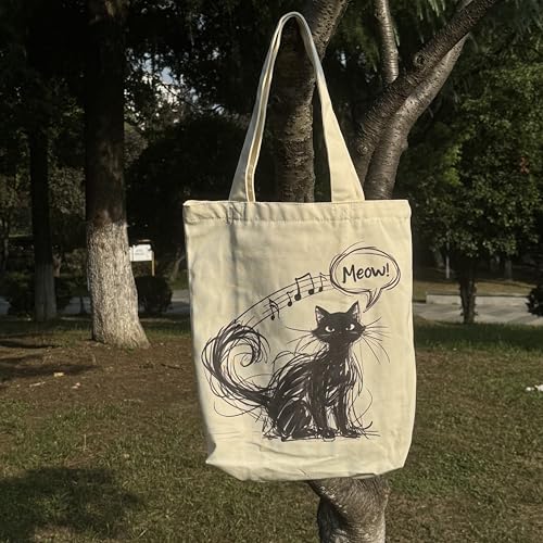 Canvas Tote Bag with Zipper for Women, Aesthetic Tote Bag with Pocket for Vacation, Shopping, Travel, Beach - style: Cat Music-02