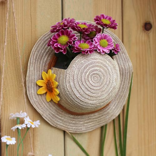 Resin Bag and Straw Hat Succulent Planter,Boho Straw Hat Wall Hanging Flower Pot,Garden Decorative Hanging Flower Pot with Drainage Hole,Plant Container Gift - color: Design-1