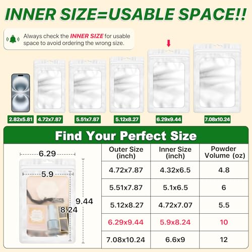 ANZNKU 100 PCS Resealable Mylar Bags with Frosted Clear Window Bags Packaging Bags Foil Pouch Zipper Bag for Jewelry Sample Candy Food (6.29x9.44, White) - color: White, size: 6.29x9.44 inches