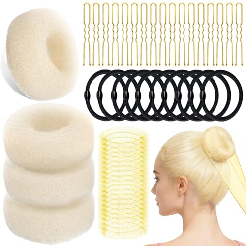 YINGFENG 134 Pcs Beige Hair Bun Maker Kit Medium - 4 Bun Hair Pieces for Women, 20 Hair Net for Buns, 100 Bobby Pins for Women, 10 Hair Bands, for Ballet Styling, Hair Accessories for Girls - color: beige, size: Medium